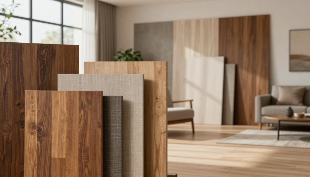A beautifully arranged display of Artens laminated panels in a modern interior setting. In the foreground, a close-up of several panels showcasing their rich textures and colors, highlighting details like wood grain and patterns. In the middle ground, a stylish living room features these panels elegantly installed on the walls and floor, exuding a cozy and contemporary atmosphere. Soft, natural lighting filters through large windows, casting subtle shadows that enhance the panel's aesthetics. The background should include tasteful furniture in a neutral palette that complements the panels, creating an inviting and warm ambiance. Capture the essence of quality, style, and affordability associated with Artens products, ensuring the scene is professional and visually appealing.