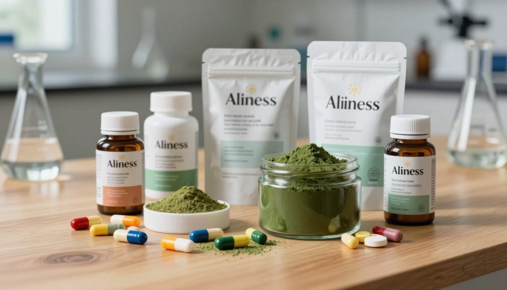 A beautifully arranged display of dietary supplements, featuring a variety of colorful capsules, powders, and tinctures on a wooden table. In the foreground, a sleek glass jar filled with vibrant green spirulina powder, surrounded by an assortment of dietary pills in various shapes and colors. In the middle ground, a stack of elegant, minimalist packaging with the Aliness logo, showcasing the company's commitment to quality. The background includes soft-focus hints of a laboratory setting with glass beakers and scientific equipment, reflecting a dedication to research and development. The setting is well-lit with natural light streaming in, creating a warm and inviting atmosphere. The mood conveys professionalism and trustworthiness in health and wellness, emphasizing quality and innovation.