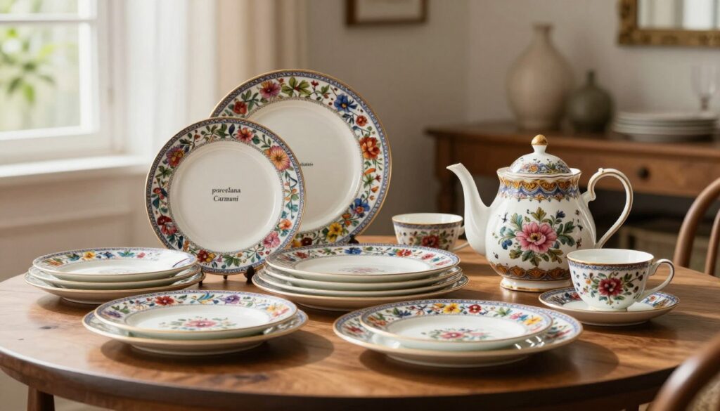 A beautifully arranged display of "porcelana Carmani" tableware on a wooden dining table. The foreground showcases a vibrant set of intricately designed porcelain plates with floral patterns and rich colors, elegantly stacked and slightly overlapping. A matching teapot and cups are artfully placed beside them. In the middle ground, soft diffused natural light filters through a nearby window, illuminating the delicate textures and glossy finish of the porcelain. The background consists of a cozy atmospheric room with warm tones, understated decor, and subtle hints of greenery. The entire scene evokes a sense of sophistication and warmth, enhancing the allure of authentic Carmani products, perfect for evaluating their quality before purchase.