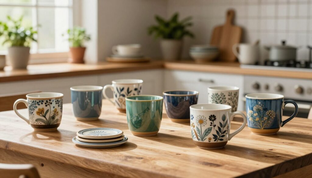 A beautifully arranged display of stylish ceramic mugs (kubki) on a rustic wooden kitchen table, showcasing an elegant assortment of colors and patterns inspired by nature and modern designs. The foreground features a few mugs with intricate floral motifs and vibrant glazes, reflecting the light softly. In the middle, a small stack of complementary coasters adds warmth and texture. The background is softly blurred, revealing a cozy kitchen ambiance with shelves filled with artisanal kitchenware and potted herbs. Natural afternoon light streams through a window, casting gentle shadows. The overall mood is inviting and serene, emphasizing the craftsmanship and aesthetic quality of Carmani's functional porcelain for the kitchen and home interiors.