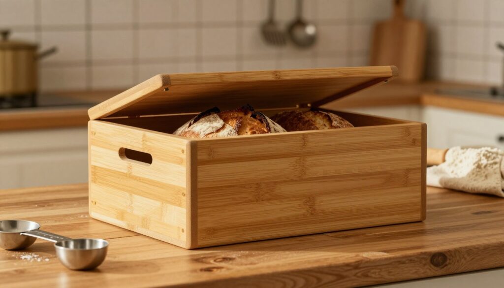 A beautifully crafted bamboo bread bin, showcasing its smooth, natural grain texture and rich honey hues. The foreground features the bread bin with its lid slightly ajar to reveal freshly baked artisanal bread peeking out. In the middle, a rustic wooden countertop sets the scene, adorned with a few baking accessories—measuring spoons and a flour sack, hinting at the bread-making process. Soft, diffused golden lighting bathes the entire scene, creating a warm, inviting atmosphere. The background consists of blurred kitchen elements, like a backsplash with ceramic tiles and the outline of hanging utensils, enhancing the cozy kitchen vibe. The overall mood conveys a sense of craftsmanship and quality, perfect for illustrating the elegance of Brunbeste's kitchenware.