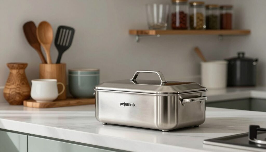 A beautifully designed kitchen showcase featuring a high-quality "pojemnik" (container) by Brunbeste. The foreground highlights a sleek, modern container with an elegant lid, made of stainless steel with a polished finish, reflecting natural light. In the middle ground, an organized kitchen counter displays various kitchen utensils, contrasting colors of wooden and ceramic elements that create warmth. The background includes shelves filled with glassware and spices, enhancing the kitchen's inviting atmosphere. Soft, diffused lighting illuminates the scene, creating a cozy and sophisticated mood. The angle captures the essence of functionality and style, making it clear that this is a premium kitchen accessory designed for both aesthetics and utility.