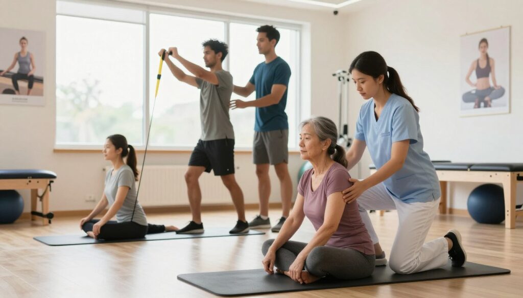 A bright, well-lit rehabilitation center featuring a diverse group of individuals engaged in spine rehabilitation exercises. In the foreground, a physiotherapist in professional attire assists a middle-aged woman performing a gentle stretch on an exercise mat, showcasing focus and determination. In the middle ground, a man is using a resistance band for strength training under the guidance of a trainer, emphasizing teamwork and support. The background consists of large windows letting in natural light, surrounded by exercise equipment and motivational posters about physical health. The atmosphere is uplifting and encouraging, reflecting a community committed to health and wellness, with a warm color palette enhancing the positive mood.