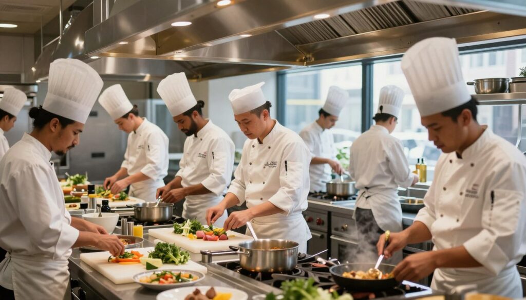 A bustling city restaurant kitchen, showcasing an array of culinary activities. In the foreground, a diverse group of chefs in professional white uniforms, complete with hats, are engaged in food preparation and cooking at various stations, displaying teamwork and concentration. The middle ground captures the inviting ambiance of the kitchen with gleaming stainless steel appliances, chopping boards scattered with fresh ingredients, and pots simmering on the stove. In the background, large windows allow natural light to stream in, illuminating the scene and highlighting the chefs' faces. The atmosphere is vibrant and energetic, conveying a sense of professionalism and dedication to craftsmanship in the culinary arts. The image is well-lit with warm tones, suggesting a busy lunch hour in the heart of a metropolitan city. A bustling city restaurant kitchen, showcasing an array of culinary activities. In the foreground, a diverse group of chefs in professional white uniforms, complete with hats, are engaged in food preparation and cooking at various stations, displaying teamwork and concentration. The middle ground captures the inviting ambiance of the kitchen with gleaming stainless steel appliances, chopping boards scattered with fresh ingredients, and pots simmering on the stove. In the background, large windows allow natural light to stream in, illuminating the scene and highlighting the chefs' faces. The atmosphere is vibrant and energetic, conveying a sense of professionalism and dedication to craftsmanship in the culinary arts. The image is well-lit with warm tones, suggesting a busy lunch hour in the heart of a metropolitan city.