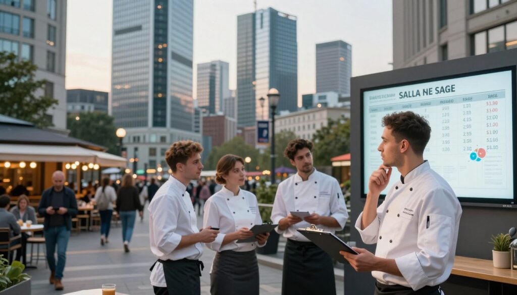 A bustling cityscape of Poland featuring prominent skyscrapers and vibrant street life, showcasing a diverse group of professional chefs in polished kitchen attire, engaged in discussions about salary ranges. In the foreground, a chef holding a clipboard looks thoughtfully at a digital salary graph projected on a modern screen. The middle ground displays a busy street scene with people going about their day, while cafes and restaurants represent various culinary styles. The background shows towering buildings under soft morning light, creating a warm and optimistic atmosphere. The scene conveys professionalism and the economic dynamics of major Polish cities in 2026, focusing on wage brackets for chefs. Aim for a clear and crisp image with a slight depth of field.
