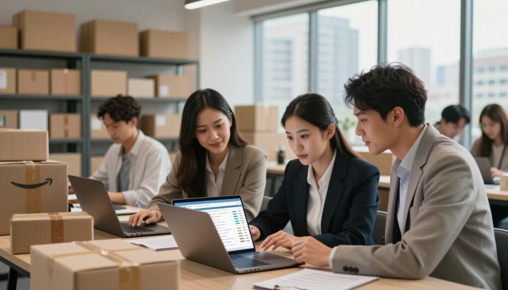 A bustling e-commerce environment depicting the essence of Amazon. In the foreground, a diverse group of professionals in smart business attire is collaborating around a modern laptop, analyzing product listings and sales data. In the middle ground, shelves filled with packages ready for shipment emphasize the logistical operations of online shopping. The background features a sleek office interior with large windows, showcasing a city skyline bathed in warm, natural light. The atmosphere is dynamic and focused, reflecting innovation and teamwork in the e-commerce sector. Use a slightly elevated angle to capture the depth of the scene, with soft focus on the background to emphasize the subject in the foreground.