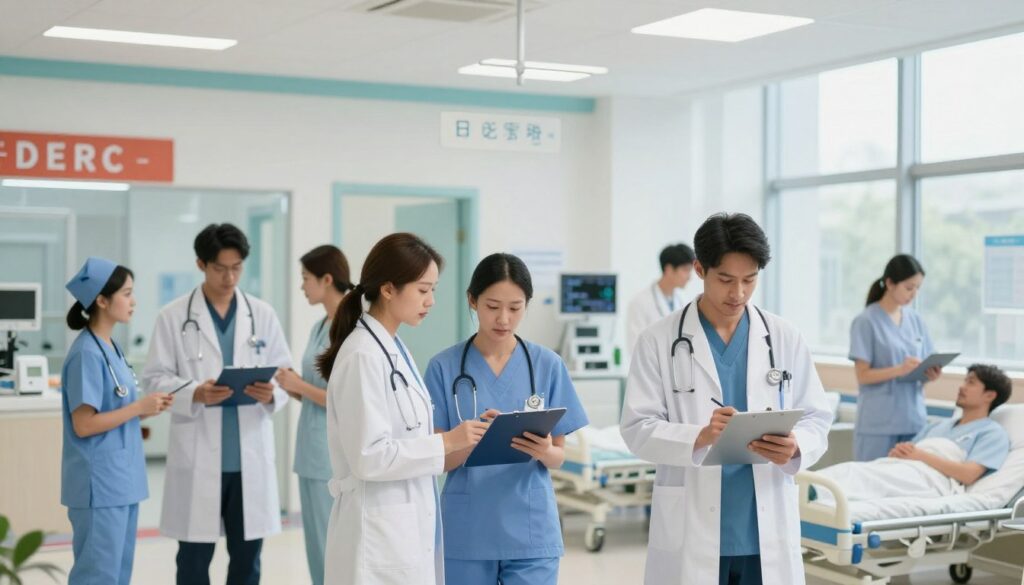 A bustling hospital scene showcasing a modern healthcare environment. In the foreground, a diverse group of medical professionals in professional attire, including doctors and nurses, work collaboratively, reviewing patient charts and discussing treatment plans. The middle ground features various hospital departments with clear signage, such as an emergency room and a patient ward, all designed with bright, sterile colors, reflecting cleanliness and professionalism. The background reveals large windows allowing natural light to flood in, creating an inviting atmosphere. Soft, diffused lighting enhances the environment, suggesting a sense of hope and care. The overall mood should be one of teamwork and dedication, capturing the essence of medical care within a hospital setting. A bustling hospital scene showcasing a modern healthcare environment. In the foreground, a diverse group of medical professionals in professional attire, including doctors and nurses, work collaboratively, reviewing patient charts and discussing treatment plans. The middle ground features various hospital departments with clear signage, such as an emergency room and a patient ward, all designed with bright, sterile colors, reflecting cleanliness and professionalism. The background reveals large windows allowing natural light to flood in, creating an inviting atmosphere. Soft, diffused lighting enhances the environment, suggesting a sense of hope and care. The overall mood should be one of teamwork and dedication, capturing the essence of medical care within a hospital setting.
