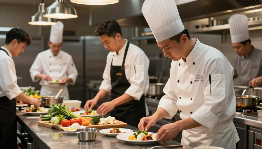 A bustling kitchen workstation showcasing different culinary roles as a visual metaphor for the hierarchy of chef positions. In the foreground, a line cook in a crisp white chef's coat meticulously assembles a plate, exuding concentration and skill. In the middle ground, a sous chef checks ingredients on a prep table, surrounded by colorful vegetables and cooking tools, wearing a professional apron. In the background, a head chef oversees the kitchen, confidently directing staff and monitoring the cooking process. Warm, ambient lighting fills the space, highlighting the teamwork and energy. The scene captures an atmosphere of collaboration and professionalism, reflecting the dynamics of kitchen roles and their impact on wages in the culinary industry.