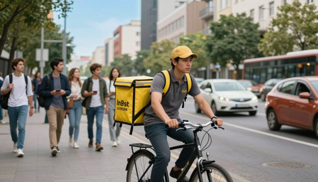 A bustling urban scene depicting an InPost courier in professional attire, confidently delivering packages. The foreground features the courier on a bicycle, efficiently maneuvering through a busy street filled with pedestrians and cars. In the middle ground, display a diverse group of people, all engaged in their daily lives, with some glancing at the courier. In the background, tall buildings and trees provide context of a vibrant city, under a clear blue sky. Soft, natural lighting enhances the scene, creating an atmosphere of productivity and movement. The focus is on the courier's dynamic gesture, symbolizing the average delivery numbers achieved by a courier in one day, with a sense of urgency and dedication. A bustling urban scene depicting an InPost courier in professional attire, confidently delivering packages. The foreground features the courier on a bicycle, efficiently maneuvering through a busy street filled with pedestrians and cars. In the middle ground, display a diverse group of people, all engaged in their daily lives, with some glancing at the courier. In the background, tall buildings and trees provide context of a vibrant city, under a clear blue sky. Soft, natural lighting enhances the scene, creating an atmosphere of productivity and movement. The focus is on the courier's dynamic gesture, symbolizing the average delivery numbers achieved by a courier in one day, with a sense of urgency and dedication.