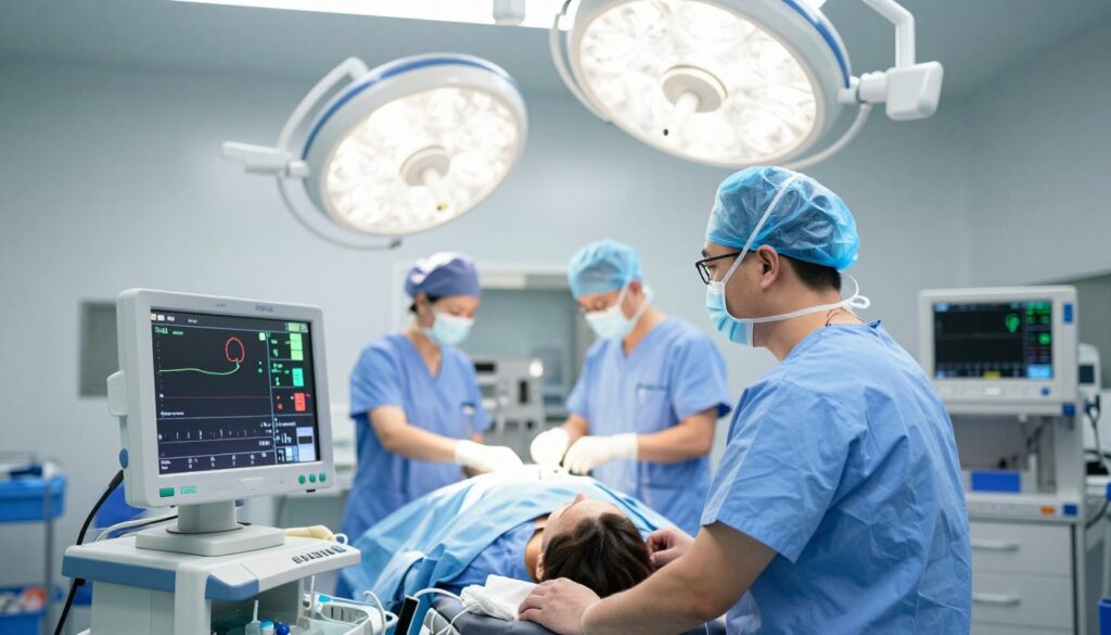 A busy anesthesiology scene in a hospital, capturing a professional anesthesiologist in the foreground, dressed in scrubs and a surgical mask, intently monitoring a patient’s vitals on a high-tech monitor. In the middle ground, a modern surgical operating room is visible, equipped with advanced medical equipment, surgical lights casting bright illumination over the scene. The background shows a team of medical professionals in action, including nurses assisting in preparation. The atmosphere is focused and dynamic, highlighting the intensity and responsibility of anesthesiology duties. The lighting should be bright but soft, creating a sterile yet engaging environment, emphasizing the professionalism and dedication of the healthcare team involved during high-stakes shifts.