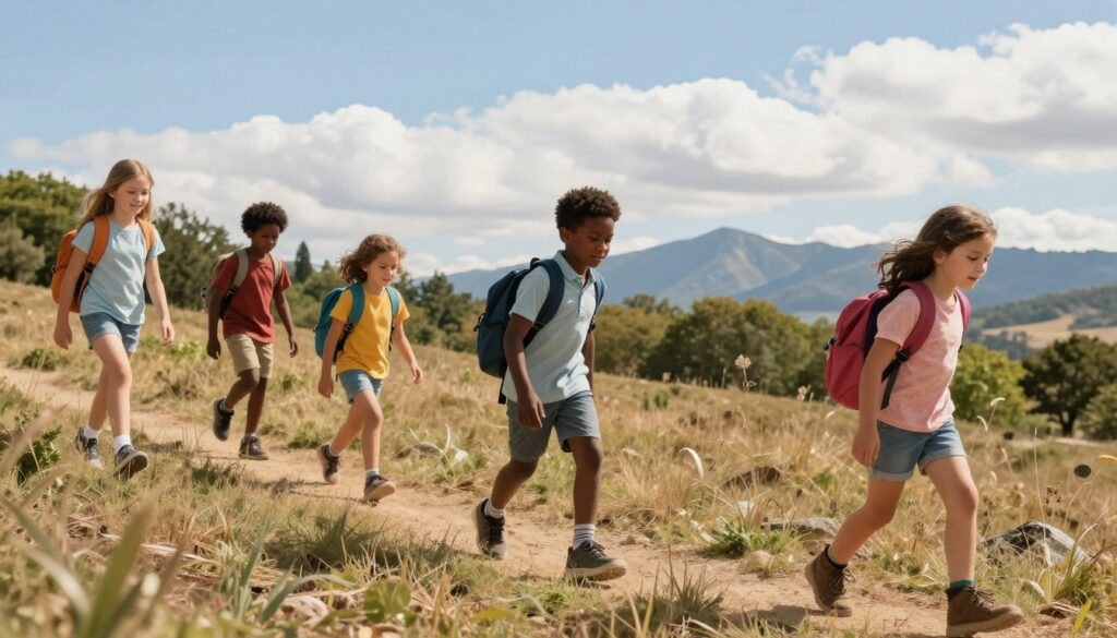 A charming outdoor scene featuring a diverse group of children engaging in playful activities, such as hiking and exploring nature. In the foreground, showcase three children of different ethnicities (a Caucasian girl, an African American boy, and a Hispanic girl), all dressed in colorful, modest outdoor clothing suited for adventure. The middle ground should include a gently undulating landscape with trees and a clear blue sky. In the background, distant mountains rise under fluffy white clouds. Soft, natural lighting bathes the scene, creating a warm and inviting atmosphere, evoking the excitement of outdoor activities. Capture the joy and energy of childhood exploration in a way that reflects the essence of an outdoor lifestyle.
