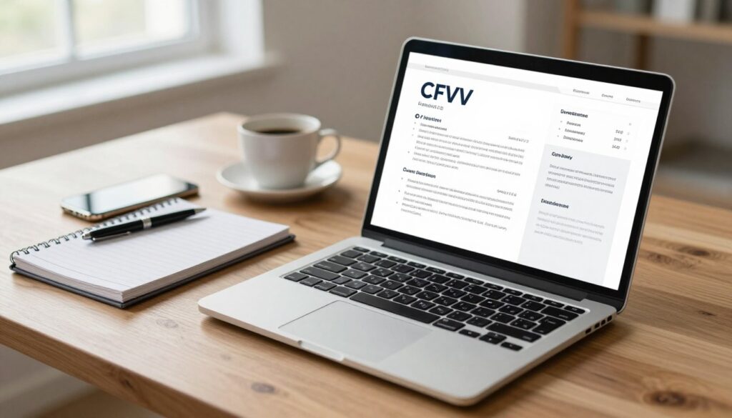 A clean and modern workspace setting with a polished wooden desk in the foreground, featuring an organized CV layout displayed on a sleek laptop screen. An elegantly designed notepad and a stylish pen rest beside the laptop. In the middle ground, a soft-focus coffee cup and a sleek smartphone suggest a professional environment. The background showcases a bright window with natural light streaming in, illuminating the scene, creating a warm and inviting atmosphere. The overall mood is professional yet approachable, reflecting the importance of personal data in a CV. Use a high angle for the shot to emphasize the details on the desk and ensure the image remains SFW, with no human subjects present.