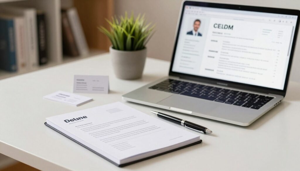 A clean, modern workspace featuring a well-organized desk with a sleek laptop open to a digital CV template. In the foreground, an elegant notepad displays neatly written contact information, including a name, phone number, and email address, surrounded by a stylish pen. The middle ground shows a polished business card alongside a plant in a minimalist pot, adding a touch of greenery. The background captures soft-focus bookshelves filled with career-related books, suggesting an environment of professionalism and growth. Utilize warm, inviting lighting that creates a cozy atmosphere, with a shallow depth of field to emphasize the contact information in the foreground. The image conveys a sense of preparedness and professionalism, perfect for a CV-focused theme. A clean, modern workspace featuring a well-organized desk with a sleek laptop open to a digital CV template. In the foreground, an elegant notepad displays neatly written contact information, including a name, phone number, and email address, surrounded by a stylish pen. The middle ground shows a polished business card alongside a plant in a minimalist pot, adding a touch of greenery. The background captures soft-focus bookshelves filled with career-related books, suggesting an environment of professionalism and growth. Utilize warm, inviting lighting that creates a cozy atmosphere, with a shallow depth of field to emphasize the contact information in the foreground. The image conveys a sense of preparedness and professionalism, perfect for a CV-focused theme.