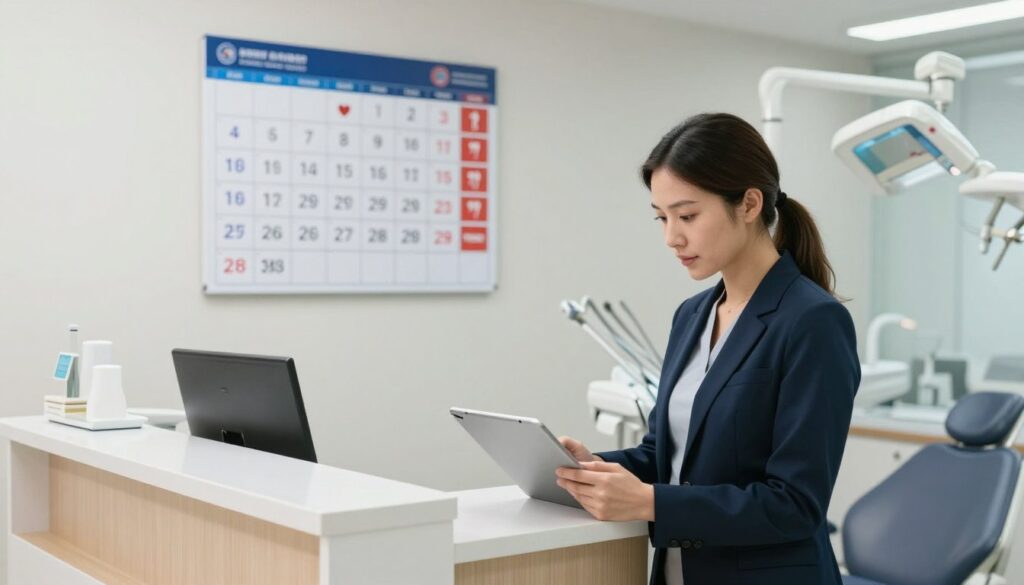 A clean, professional dental office setting, featuring a well-organized reception area and a treatment room in soft natural lighting. In the foreground, a confident dental assistant in smart business attire stands near a desk, reviewing patient schedules on a tablet, reflecting professionalism and focus. In the middle, a calendar on the wall displays varying hourly wage rates, with icons symbolizing different experience levels and types of dental practices. The background shows dental equipment neatly arranged, lending an air of precision and care. The mood is one of efficiency and professionalism, subtly illustrating the concept of hourly wages in the dental field without any text or distractions.