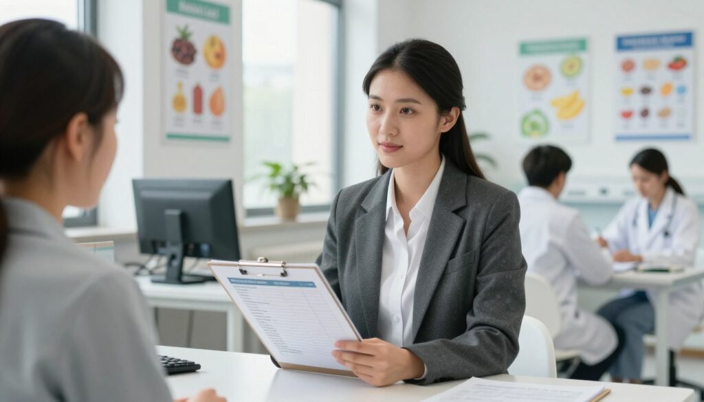 A clinical dietitian working in a hospital setting, focused and engaged with a patient over a nutrition chart. In the foreground, the dietitian, a young woman wearing professional business attire, holds a clipboard with detailed dietary plans. The middle ground features a hospital office with bright, natural lighting, emphasizing a clean and organized workspace filled with nutritional posters and a computer. In the background, other healthcare professionals can be seen, ensuring a collaborative environment. The overall atmosphere is one of professionalism, care, and teamwork, conveying the importance of clinical nutrition in public health settings. The image should capture the essence of a supportive public healthcare facility without any text or distractions.