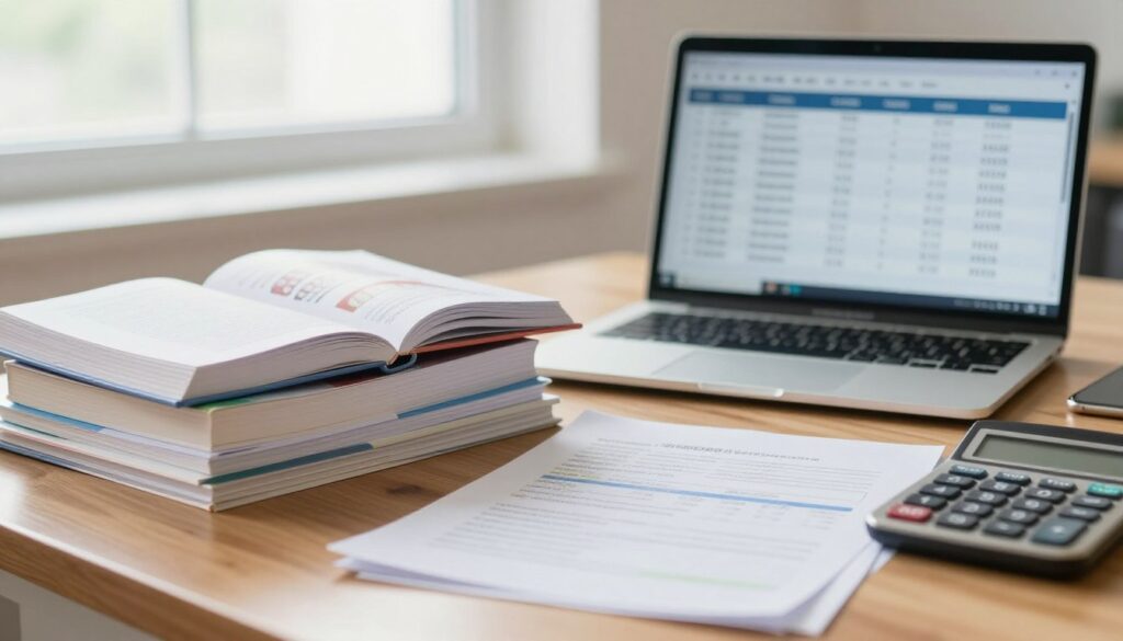 A close-up of a polished wooden desk filled with study materials related to dental studies. In the foreground, a neatly stacked set of textbooks on dentistry, some open to illustrate specific topics like dental anatomy and procedures. Scattered on the desk are financial documents and a calculator, symbolizing tuition costs and expenses. In the middle ground, a laptop displays a spreadsheet of estimated tuition fees and living costs. In the background, a bright window lets in natural light, illuminating the scene and creating a productive atmosphere. The setting conveys a sense of seriousness and diligence, perfect for aspiring dental students. Soft focus around the edges to keep the attention on the details of study and costs.