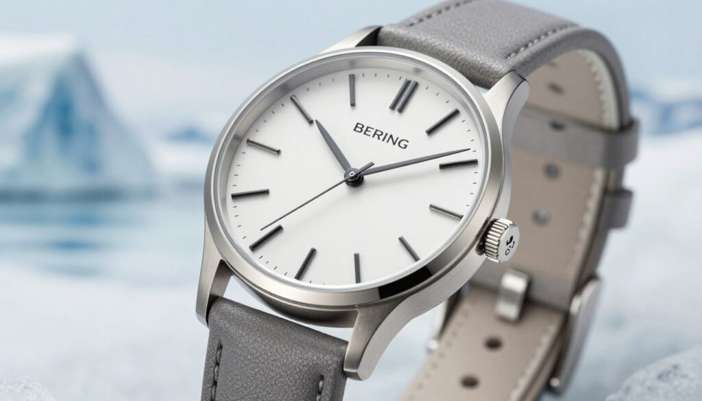 A close-up of a stylish Bering watch with a sleek, minimalist design, set against a soft, arctic-themed background. The watch features a clean white dial with slender black hour markers, encased in a brushed stainless steel case, emphasizing Scandinavian elegance. Its leather strap, in a muted gray tone, complements the overall aesthetic. The lighting is soft and diffuse, highlighting the watch's details without harsh shadows, creating a serene and sophisticated atmosphere. In the background, subtle hints of icy blues and whites evoke the essence of the Arctic, reinforcing the theme of Scandinavian style. The composition should focus on the watch with a blurred, elegant backdrop, delivering a sense of calm and grace.