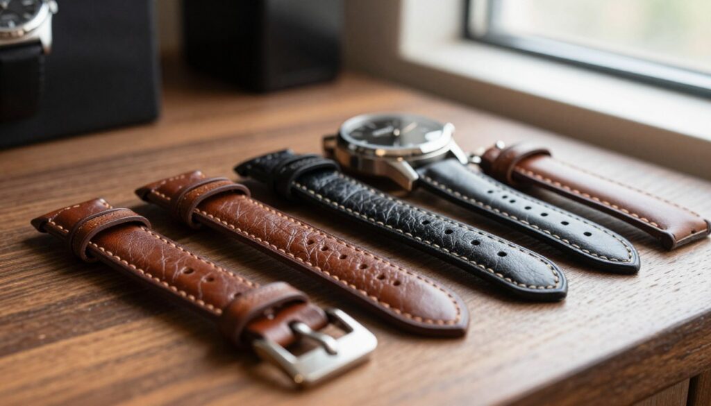 A close-up view of a collection of high-quality Benyar leather watch straps displayed on a wooden surface. The foreground features various leather straps in rich hues of brown and black, showcasing their texture and craftsmanship, with gleaming metal buckles catching the light. In the middle, a stylish Benyar watch rests, its case reflecting the strap colors harmoniously. The background is softly blurred, hinting at a luxurious lifestyle setting, with a hint of natural light streaming in from a nearby window, accentuating the warmth of the leather. The atmosphere is sophisticated and inviting, illustrating the comfort and elegance of wearing Benyar leather straps. A close-up view of a collection of high-quality Benyar leather watch straps displayed on a wooden surface. The foreground features various leather straps in rich hues of brown and black, showcasing their texture and craftsmanship, with gleaming metal buckles catching the light. In the middle, a stylish Benyar watch rests, its case reflecting the strap colors harmoniously. The background is softly blurred, hinting at a luxurious lifestyle setting, with a hint of natural light streaming in from a nearby window, accentuating the warmth of the leather. The atmosphere is sophisticated and inviting, illustrating the comfort and elegance of wearing Benyar leather straps.