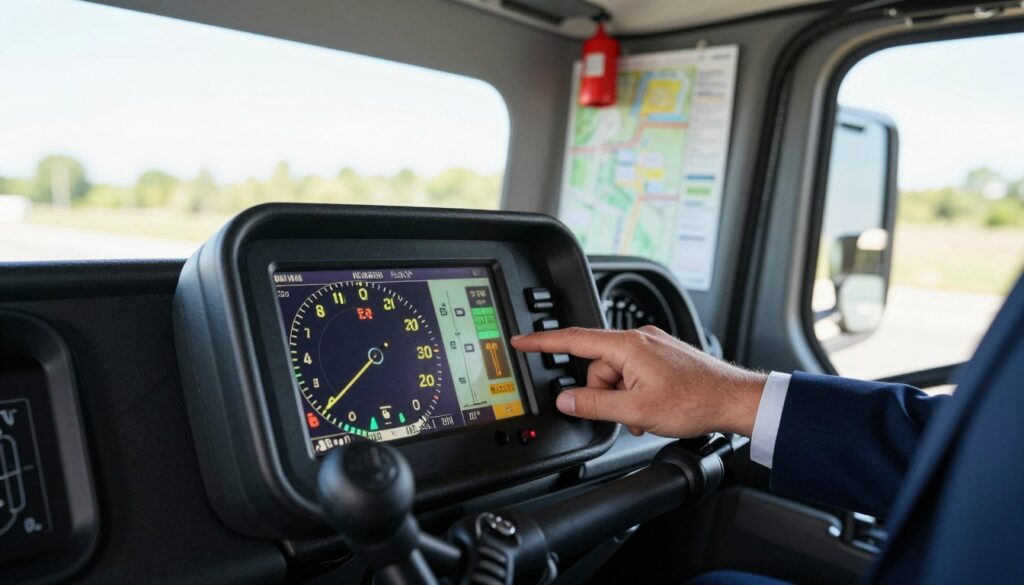 A close-up view of a digital tachograph displaying driving time metrics and regulations, with clear indicators of maximum driving durations and mandatory rest periods. In the foreground, focus on the tachograph screen featuring vibrant, illuminated numbers and warning symbols highlighting time limits. In the middle, include a hand of a professional driver adjusting settings on the device, dressed in smart business attire. The background should depict a well-organized truck cabin with visible route maps and safety equipment, softly illuminated by natural light streaming through the windows, creating a sense of professionalism and alertness. The overall mood should reflect diligence and adherence to driving regulations.