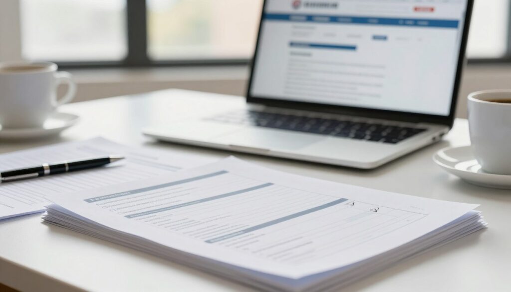 A close-up view of a neatly arranged desk showcasing essential registration documents for the Employment Office. The foreground features a stack of official forms, some with checkmarks, alongside a pen and a coffee mug, all reflecting a professional workspace. The middle layer includes a laptop displaying a legal website for job registration, with a soft blur to keep the focus on the documents. In the background, a window with soft daylight streaming through, creating a warm and inviting atmosphere, enhances the scene. Overall, the mood is productive and organized, emphasizing diligence and careful preparation. The image should maintain a clean and polished look, without any text overlays or distractions.