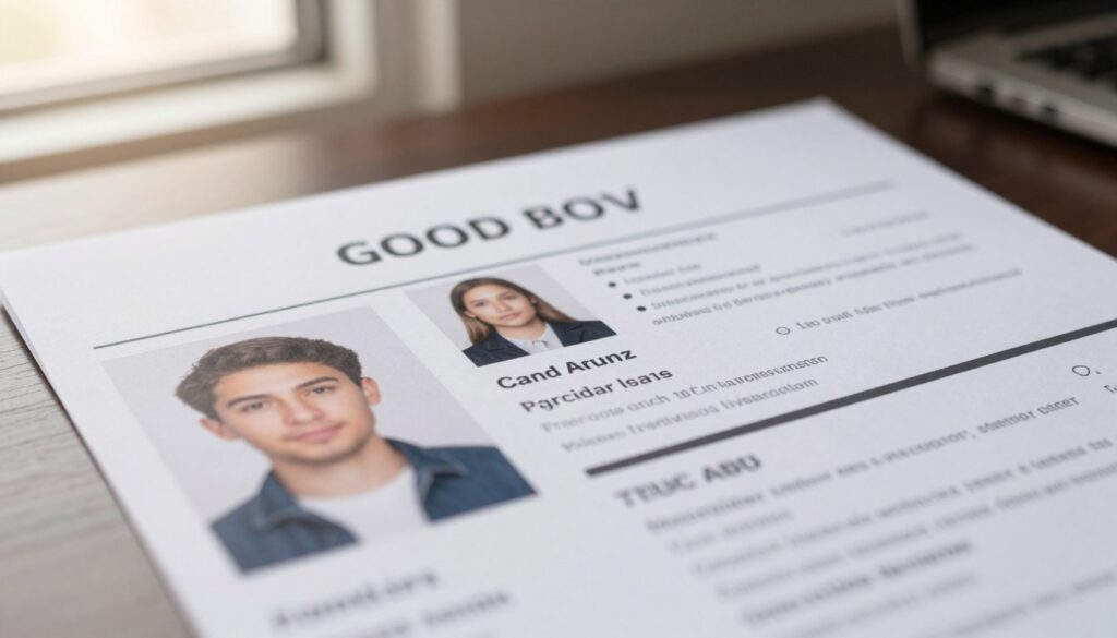 A close-up view of a professional CV layout on a desk, featuring a visible section for a photo. In the foreground, there is a well-placed, blurred image of a headshot that is poorly suited for a CV, highlighting common mistakes like casual attire and poor lighting. In the middle, a clean and organized CV template showcases ideal elements, such as a professional headshot with appropriate dimensions and background. In the background, soft ambient light filters through a window, creating a warm atmosphere that conveys professionalism. The overall mood should be educational and informative, illustrating the contrast between good and bad practices in adding a photo to a CV. Focus on clarity and detail without any textual elements.