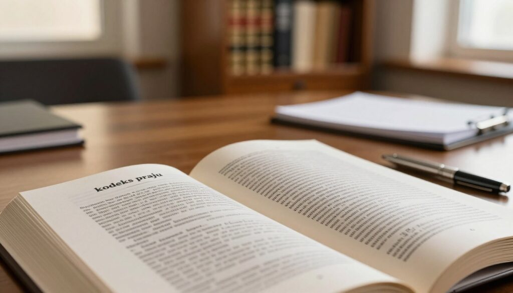 A close-up view of an open legal book showcasing the sections of the "kodeks pracy" with intricate details of text and headings. The foreground features the book’s pages in sharp focus, displaying fine print and legal symbols. In the middle, a polished wooden desk holds pens and a notepad, signifying a professional workspace. In the background, a softly blurred office environment is visible, with shelves filled with legal texts and a warm, inviting window light casting a golden glow. The atmosphere is serious yet approachable, reflecting the importance of labor laws and workers' rights. Capture this scene with a shallow depth of field to emphasize the book and warm lighting for a professional yet inviting ambiance. A close-up view of an open legal book showcasing the sections of the "kodeks pracy" with intricate details of text and headings. The foreground features the book’s pages in sharp focus, displaying fine print and legal symbols. In the middle, a polished wooden desk holds pens and a notepad, signifying a professional workspace. In the background, a softly blurred office environment is visible, with shelves filled with legal texts and a warm, inviting window light casting a golden glow. The atmosphere is serious yet approachable, reflecting the importance of labor laws and workers' rights. Capture this scene with a shallow depth of field to emphasize the book and warm lighting for a professional yet inviting ambiance.