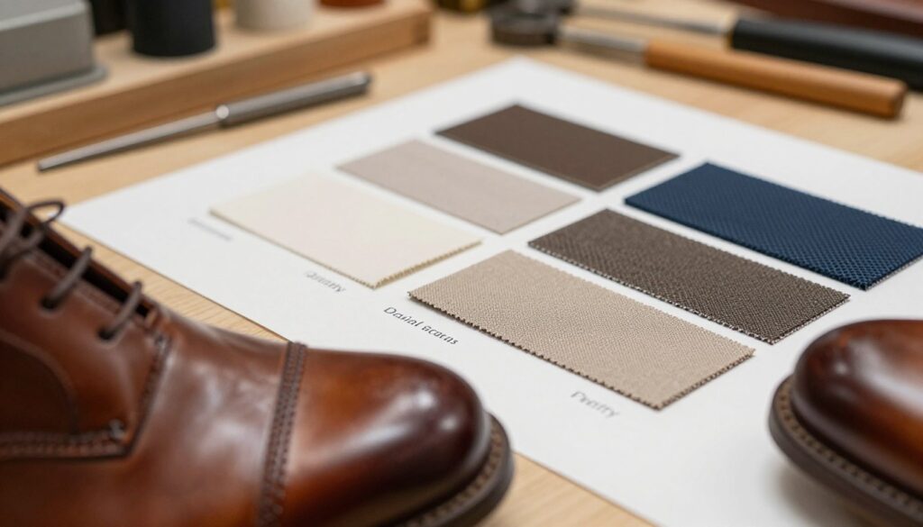 A close-up view of high-quality footwear materials, showcasing different textures like premium leather, durable canvas, and breathable mesh. The foreground features a well-crafted pair of shoes, highlighting intricate stitching and a sleek design. In the middle, display swatches of various materials, with labels indicating their quality, arranged artistically. The background is softly blurred, suggesting a workshop environment with tools and workbenches subtly visible, conveying craftsmanship. Use soft, natural lighting that emphasizes the richness of the colors and textures, creating a warm, inviting atmosphere. The angle should be slightly tilted from above for an engaging perspective, focusing on the outstanding details that reflect quality in footwear construction. A close-up view of high-quality footwear materials, showcasing different textures like premium leather, durable canvas, and breathable mesh. The foreground features a well-crafted pair of shoes, highlighting intricate stitching and a sleek design. In the middle, display swatches of various materials, with labels indicating their quality, arranged artistically. The background is softly blurred, suggesting a workshop environment with tools and workbenches subtly visible, conveying craftsmanship. Use soft, natural lighting that emphasizes the richness of the colors and textures, creating a warm, inviting atmosphere. The angle should be slightly tilted from above for an engaging perspective, focusing on the outstanding details that reflect quality in footwear construction.