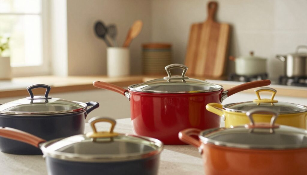 A close-up view of high-quality kitchenware products from Berlinger Haus, prominently featuring elegant pots and pans crafted from durable materials, showcasing their sleek design and vibrant colors. In the foreground, a beautifully arranged set of pots with lids and shiny finishes reflects light, emphasizing their craftsmanship. The middle ground includes useful kitchen accessories like utensils and cutting boards, all arranged aesthetically. The background gently fades to a warm, inviting kitchen setting, with soft natural light streaming in from a window, creating a cozy atmosphere. The overall mood is one of sophistication and quality, highlighting the premium nature of the products. The image should be captured with a shallow depth of field to maintain focus on the kitchenware.