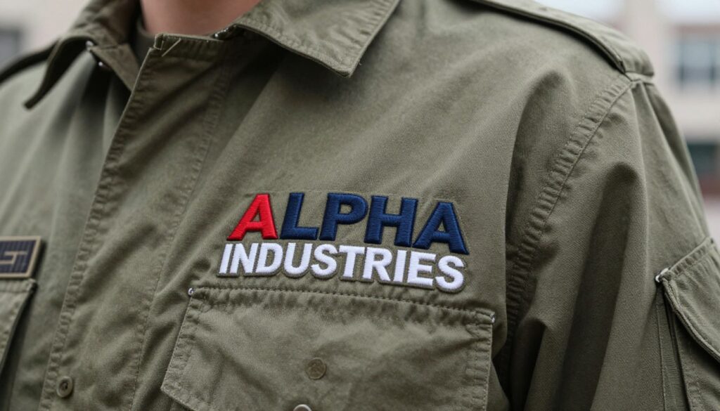 A close-up view of the Alpha Industries logo prominently displayed on a high-quality military-style jacket. The jacket is made from durable fabric, capturing the signature features of Alpha Industries with meticulous attention to detail. The logo is embroidered in bold and crisp colors, showcasing its authenticity. Soft, diffuse lighting emphasizes the textures of the fabric, casting gentle shadows that highlight the stitching and the overall craftsmanship. The background is softly blurred, showcasing a classic urban environment, while the focus remains on the jacket’s details. The mood is professional and stylish, representing the brand's rich military heritage and iconic status in fashion. A close-up view of the Alpha Industries logo prominently displayed on a high-quality military-style jacket. The jacket is made from durable fabric, capturing the signature features of Alpha Industries with meticulous attention to detail. The logo is embroidered in bold and crisp colors, showcasing its authenticity. Soft, diffuse lighting emphasizes the textures of the fabric, casting gentle shadows that highlight the stitching and the overall craftsmanship. The background is softly blurred, showcasing a classic urban environment, while the focus remains on the jacket’s details. The mood is professional and stylish, representing the brand's rich military heritage and iconic status in fashion.
