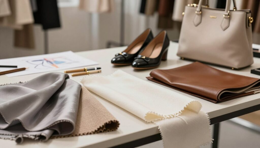 A close-up view of various high-quality fabrics and materials used in fashion design, including silk, cotton, leather, and wool, artistically arranged on a sleek, modern table. The foreground features detailed textures of the materials, highlighting their craftsmanship and durability. In the middle, an elegant pair of shoes and a stylish handbag complement the fabrics, showcasing the attention to detail and quality. The background is softly blurred, suggesting a well-lit fashion studio, with subtle hints of sewing tools and sketches. The lighting is warm and inviting, creating a sophisticated and luxurious atmosphere that emphasizes the significance of material quality in fashion.