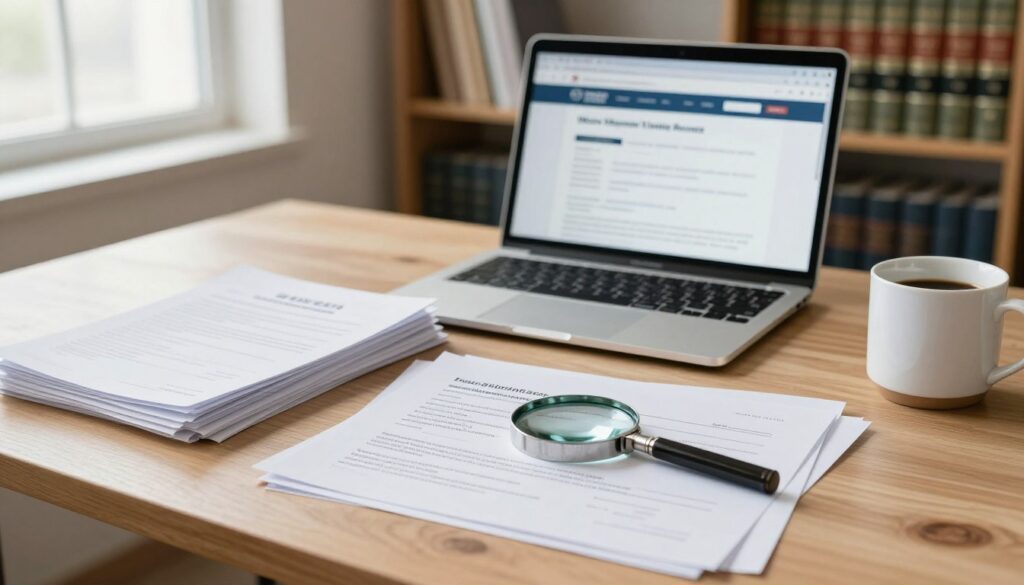 A cluttered office desk in the foreground featuring a stack of official documents, job certificates, and a coffee mug. A magnifying glass rests on top of some papers, highlighting the importance of searching for work certificates. In the middle ground, an open laptop displays a webpage with information on where to find missing employment records. The background includes a bookshelf filled with legal books and a soft-focus window allowing natural light to brighten the scene, creating a warm and professional atmosphere. The angle is slightly elevated, showing a panoramic view of the workspace. Overall, the mood is one of diligence and determination, reflecting the effort to locate important employment documentation in a challenging situation.