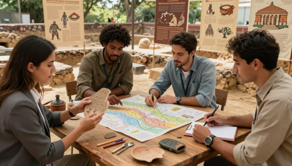 A collaborative scene featuring a diverse group of archaeologists engaging in detailed discussions over ancient artifacts and excavation tools. In the foreground, a female archaeologist in professional attire examines a large, intricately designed pottery shard, while a male colleague takes notes nearby. In the middle ground, two archaeologists of different backgrounds analyze a map spread across a wooden table, showcasing overlapping layers of history. Surrounding them are banners depicting various ancient civilizations, creating a rich and engaging scholarly atmosphere. The background is filled with excavation sites and ancient ruins, softly illuminated by natural light filtering through trees, enhancing the sense of discovery and interdisciplinary collaboration. The overall mood is focused and intellectually vibrant, inviting viewers into the world of archaeological research.