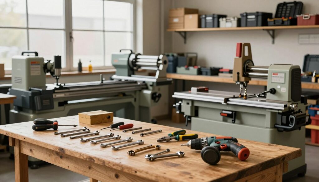 A collection of professional-grade tools and machinery displayed prominently in a well-lit workshop setting. In the foreground, a sturdy wooden workbench holds an assortment of hand tools like wrenches, screwdrivers, and pliers, along with a power drill. The midground features various industrial machines, such as a compact lathe and a bandsaw, showcasing their sleek designs and robust construction. The background displays shelves lined with boxes and tool cases, emphasizing organization and readiness for use. Soft, natural lighting filters in through large windows, casting gentle shadows and creating a warm, inviting atmosphere. The scene is devoid of any text or human figures, focusing solely on the tools and equipment to highlight BJC's offerings in the tool and machinery sector. A collection of professional-grade tools and machinery displayed prominently in a well-lit workshop setting. In the foreground, a sturdy wooden workbench holds an assortment of hand tools like wrenches, screwdrivers, and pliers, along with a power drill. The midground features various industrial machines, such as a compact lathe and a bandsaw, showcasing their sleek designs and robust construction. The background displays shelves lined with boxes and tool cases, emphasizing organization and readiness for use. Soft, natural lighting filters in through large windows, casting gentle shadows and creating a warm, inviting atmosphere. The scene is devoid of any text or human figures, focusing solely on the tools and equipment to highlight BJC's offerings in the tool and machinery sector.