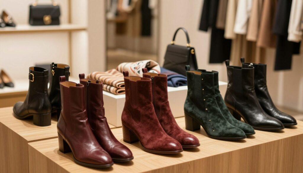 A collection of stylish Carmela ankle boots (botki) displayed elegantly on a wooden pedestal against a soft blurred background of a chic boutique interior. The foreground features a variety of boot styles, including leather, suede, and embellished options in rich autumn colors like burgundy, deep green, and classic black. The lighting is warm and inviting, highlighting the textures of the materials and casting gentle shadows. In the middle ground, subtle accessories like scarves and handbags complement the footwear, creating a cohesive fashion theme. The overall mood is sophisticated and trendy, evoking a sense of modern elegance perfect for an upscale shopping experience. The angle is slightly elevated to capture the entire display while retaining a focus on the boots.