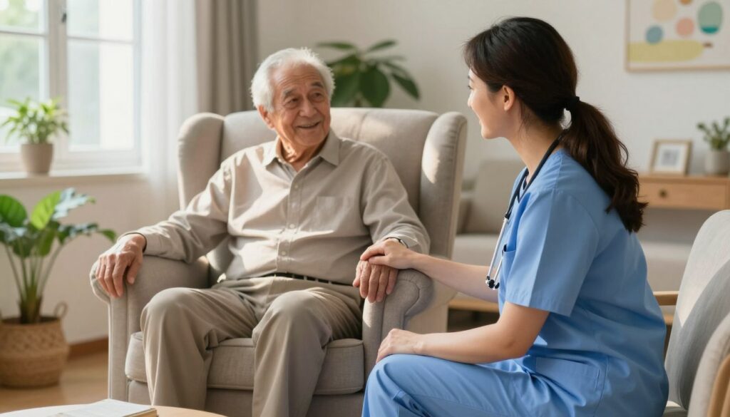 A compassionate medical caregiver at a nursing home, shown in a well-lit, intimate setting. In the foreground, the caregiver, a middle-aged woman wearing professional scrubs and comfortable shoes, is smiling gently at an elderly resident seated in a cozy armchair. The middle ground features the resident, an elderly man, looking content and relaxed, with a hint of sunlight illuminating his face from a nearby window. The background includes soft-focused elements of the nursing home, such as potted plants and calming artwork on the walls. The atmosphere is warm and nurturing, conveying a sense of trust and care, captured from a slightly elevated angle to enhance connection and engagement.