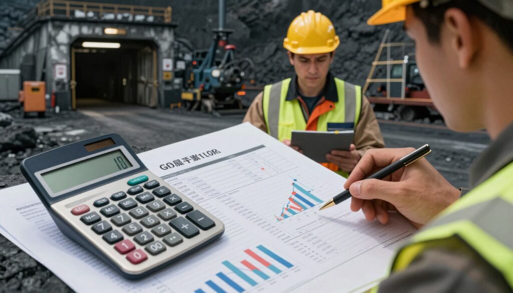 A conceptual illustration depicting a miner's net salary calculation process. In the foreground, a calculator and documents displaying figures and graphs related to salaries and deductions, emphasizing the transition from gross to net pay. The middle ground features a miner in professional work attire, engaged in analyzing the data, with a focused expression. In the background, elements like a coal mine entrance and mining equipment set a relevant context. The lighting is warm and inviting, evoking a sense of professionalism and determination. The camera angle is slightly above eye level, offering a comprehensive view of the scene while maintaining a realistic and engaging atmosphere. A conceptual illustration depicting a miner's net salary calculation process. In the foreground, a calculator and documents displaying figures and graphs related to salaries and deductions, emphasizing the transition from gross to net pay. The middle ground features a miner in professional work attire, engaged in analyzing the data, with a focused expression. In the background, elements like a coal mine entrance and mining equipment set a relevant context. The lighting is warm and inviting, evoking a sense of professionalism and determination. The camera angle is slightly above eye level, offering a comprehensive view of the scene while maintaining a realistic and engaging atmosphere.