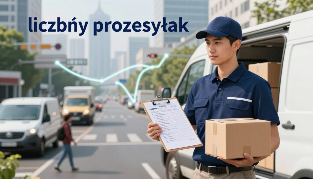 A conceptual illustration focusing on "liczby przesyłek" in a logistics context. In the foreground, display a professional courier dressed in a smart uniform, standing next to a delivery vehicle. They are holding a clipboard with a list of packages on it, showing various quantities. The middle ground features a busy urban street with delivery vans parked and pedestrians moving. In the background, a city skyline can be seen with a network of roads and delivery routes illustrated as glowing lines. The scene is illuminated by soft natural light, giving it an optimistic and productive atmosphere. Capture the hustle of the logistics world while emphasizing the importance of package counts in determining courier earnings.