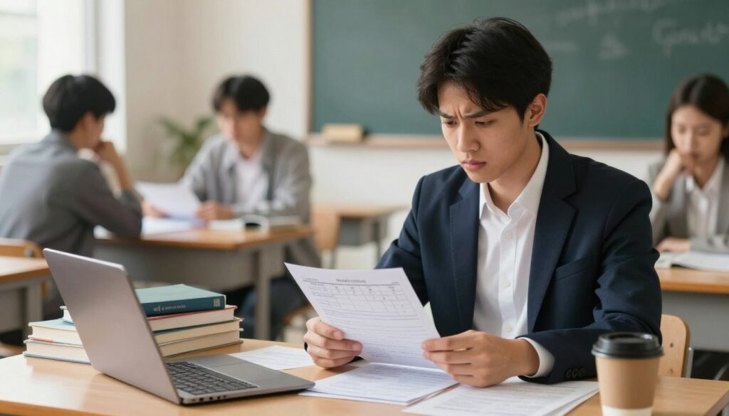 A conceptual representation of hidden costs in part-time education, featuring a student looking thoughtfully at a pile of bills and receipts on a desk. In the foreground, a young adult dressed in professional business attire is examining documents with a look of concern, surrounded by a laptop and a coffee cup. The middle ground showcases stacks of textbooks and a calendar marked with payment deadlines. The background includes a softly blurred classroom with a chalkboard and a few students engaged in discussions. The lighting is warm and natural, coming from a nearby window, creating a contemplative atmosphere. The overall mood reflects the unexpected financial burdens of pursuing part-time studies, highlighting the theme of hidden expenses. A conceptual representation of hidden costs in part-time education, featuring a student looking thoughtfully at a pile of bills and receipts on a desk. In the foreground, a young adult dressed in professional business attire is examining documents with a look of concern, surrounded by a laptop and a coffee cup. The middle ground showcases stacks of textbooks and a calendar marked with payment deadlines. The background includes a softly blurred classroom with a chalkboard and a few students engaged in discussions. The lighting is warm and natural, coming from a nearby window, creating a contemplative atmosphere. The overall mood reflects the unexpected financial burdens of pursuing part-time studies, highlighting the theme of hidden expenses.
