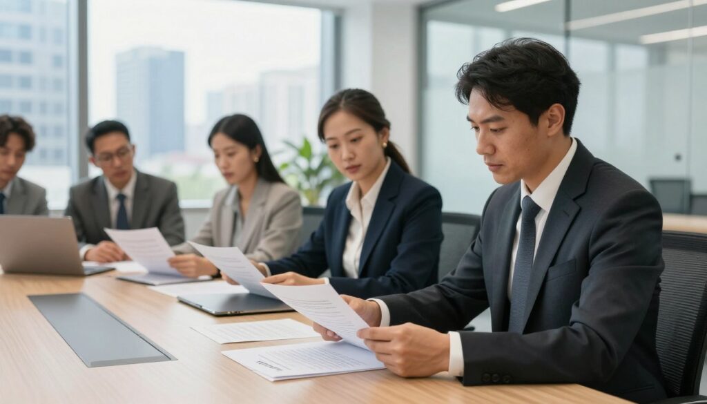 A confident in-house lawyer seated at a modern corporate conference table, reviewing legal documents and collaborating with colleagues. The foreground features the lawyer, a male or female in professional business attire, focused and engaged. In the middle ground, diverse colleagues (men and women of various ethnicities) can be seen discussing and analyzing documents, fostering a sense of teamwork. The background showcases a sleek office with large windows revealing a city skyline, casting natural light that creates a bright and professional atmosphere. The mood is one of determination and collaboration, emphasizing the intersection of law and business in an in-house setting. Angle slightly from the side to capture the dynamics of the group. A confident in-house lawyer seated at a modern corporate conference table, reviewing legal documents and collaborating with colleagues. The foreground features the lawyer, a male or female in professional business attire, focused and engaged. In the middle ground, diverse colleagues (men and women of various ethnicities) can be seen discussing and analyzing documents, fostering a sense of teamwork. The background showcases a sleek office with large windows revealing a city skyline, casting natural light that creates a bright and professional atmosphere. The mood is one of determination and collaboration, emphasizing the intersection of law and business in an in-house setting. Angle slightly from the side to capture the dynamics of the group.