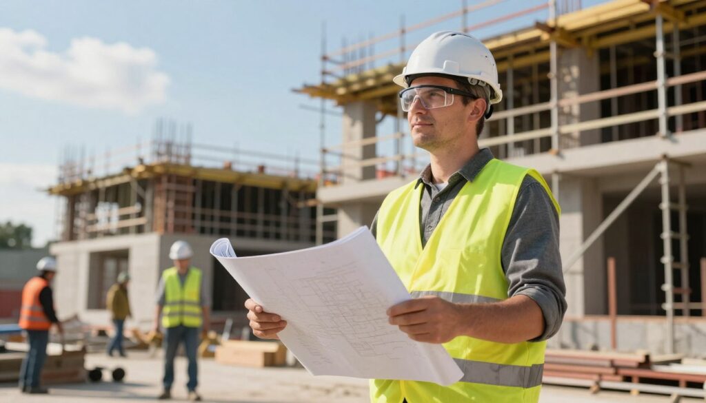A construction worker with several years of experience is standing confidently at a construction site. In the foreground, capture the worker, a male in his thirties, wearing a hard hat, safety goggles, and a reflective vest, holding a construction blueprint. In the middle ground, show scaffolding and partially constructed buildings, illustrating the hustle of construction life. The background displays a clear blue sky with a few clouds, creating a sense of optimism and hard work. Soft, natural sunlight casts warm tones, highlighting the textures of cement and steel. The atmosphere is industrious and focused, reflecting the dedication of construction professionals in Poland, emphasizing both the challenges and rewards of their craft.