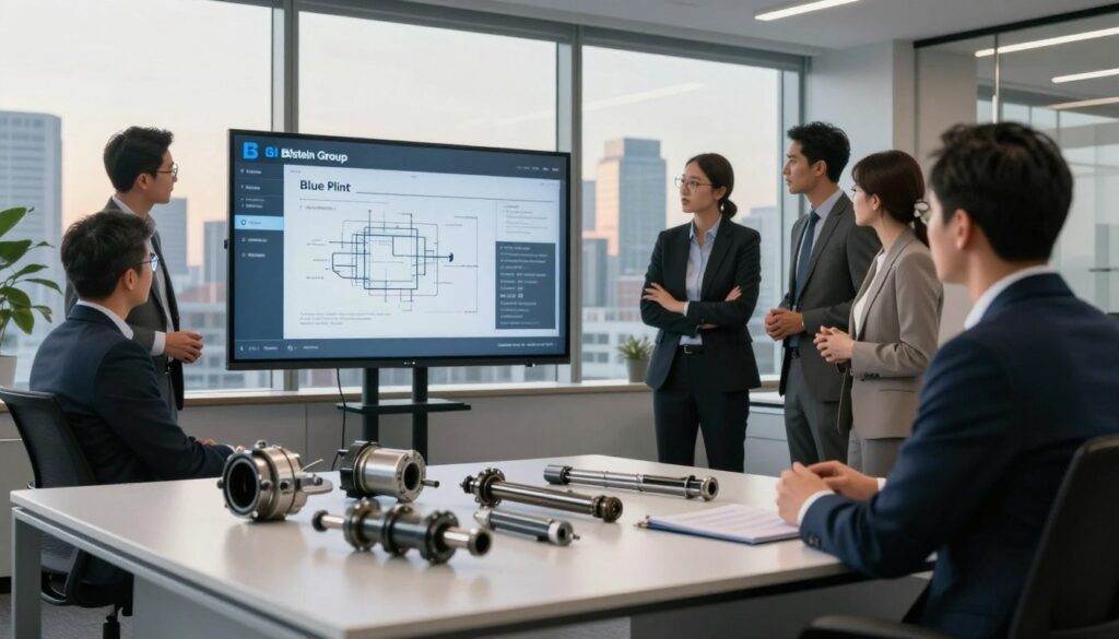 A corporate office environment depicting the essence of the Bilstein Group, showcasing their dedication to automotive components. In the foreground, include a sleek, modern desk with high-quality automotive parts, emphasizing the precision and technology of their products. The middle layer features a diverse group of professionals in business attire, engaged in a discussion around a digital presentation about Blue Print and the Bilstein Group. In the background, large windows reveal a city skyline bathed in soft daylight, symbolizing innovation and industry. The atmosphere is focused and professional, with soft lighting that highlights the contours of the items and people involved. Capture the essence of teamwork and expertise in the automotive industry.