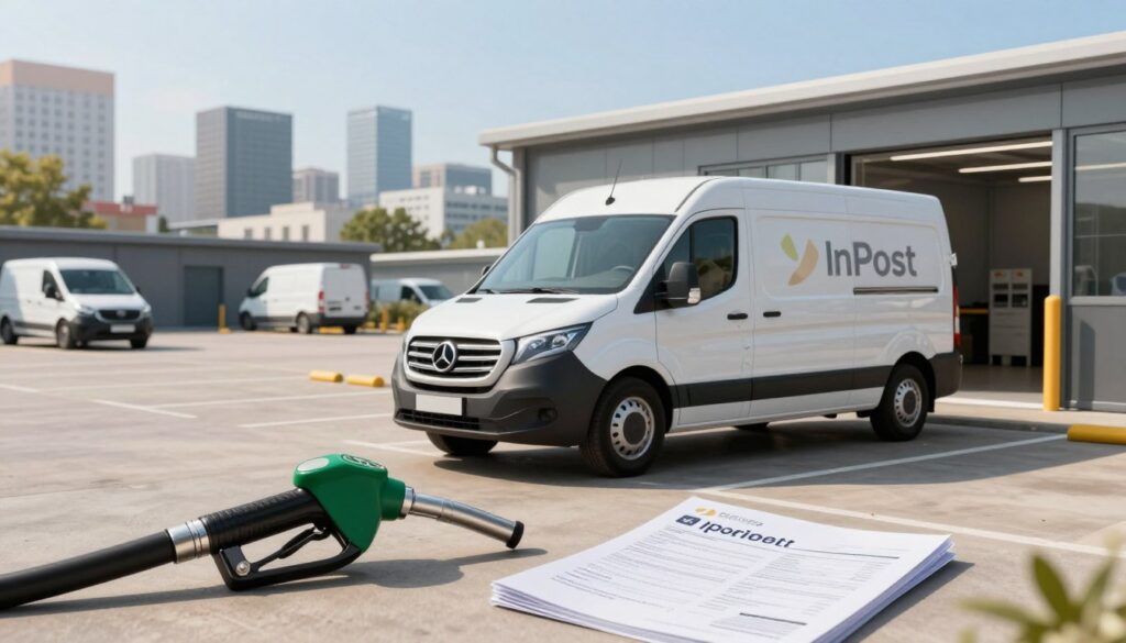 A courier's vehicle parked in front of a modern urban delivery hub, showcasing a sleek, professional-looking delivery van with the InPost logo subtly displayed. In the foreground, tools like a fuel nozzle and service manual are laid out, symbolizing the associated costs of maintenance and fuel. The middle ground features a bright, spacious parking lot with other courier vehicles, emphasizing efficiency and productivity. In the background, a city skyline under a clear blue sky conveys a dynamic atmosphere, hinting at the daily operations of a courier. The lighting is soft and warm, providing an inviting ambiance, while a slight depth of field creates focus on the vehicle and its costs in relation to the bustling city life. A courier's vehicle parked in front of a modern urban delivery hub, showcasing a sleek, professional-looking delivery van with the InPost logo subtly displayed. In the foreground, tools like a fuel nozzle and service manual are laid out, symbolizing the associated costs of maintenance and fuel. The middle ground features a bright, spacious parking lot with other courier vehicles, emphasizing efficiency and productivity. In the background, a city skyline under a clear blue sky conveys a dynamic atmosphere, hinting at the daily operations of a courier. The lighting is soft and warm, providing an inviting ambiance, while a slight depth of field creates focus on the vehicle and its costs in relation to the bustling city life.