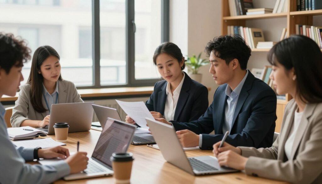 A cozy, modern study environment highlighting a group of diverse adult students engaged in discussions and study sessions. In the foreground, a table cluttered with notebooks, laptops, and coffee cups, showcasing active participation. In the middle, three students of different ethnicities, dressed in professional business attire, are collaborating over documents and digital devices, exchanging ideas and notes. In the background, large windows let in warm, natural light, illuminating shelves filled with books and educational materials, creating an inviting atmosphere. The scene evokes a sense of camaraderie and focus, perfect for illustrating the experience of part-time students during exam sessions, with a balance of professionalism and academic dedication. Use a soft focus lens effect to enhance warmth and intimacy.