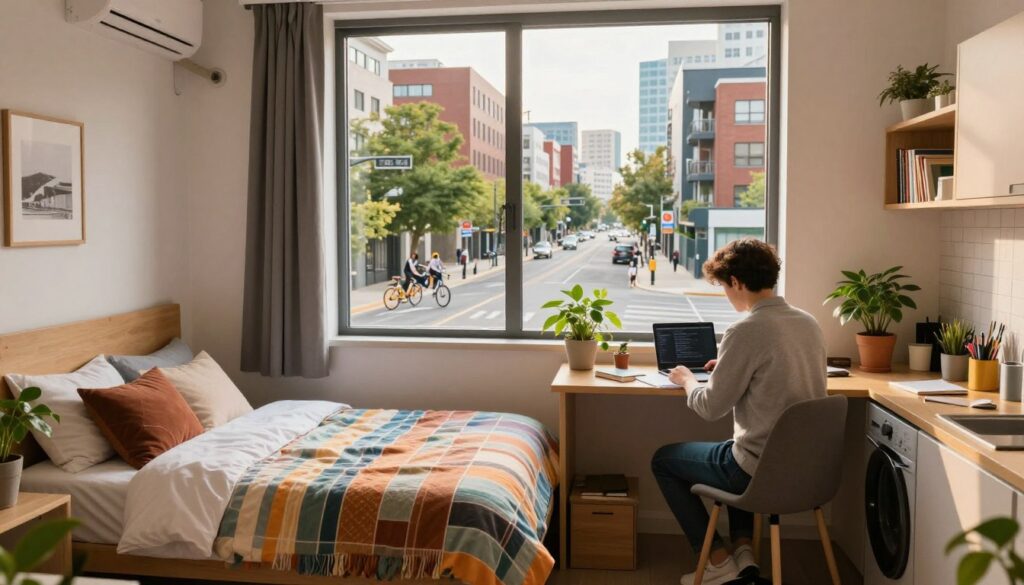 A cozy student accommodation room in a bustling university city, featuring a neatly made single bed with colorful bedding, a study desk with books and a laptop, and a small kitchenette area. In the foreground, a student (wearing casual yet professional clothing) is studying diligently at the desk, surrounded by potted plants for a refreshing touch. The middle of the scene includes an open window showcasing a lively street view with bicycles and trees, hinting at the vibrant life outside. The background presents an urban skyline with modern apartment buildings, all bathed in warm, natural afternoon light, creating an inviting and studious atmosphere. The image encapsulates the essence of student life and living costs in a thriving academic environment.
