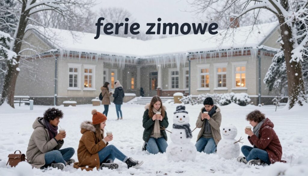 A cozy winter scene capturing the essence of "ferie zimowe" for university students, set in a picturesque snow-covered campus. In the foreground, a group of diverse students is engaged in various winter activities, such as sipping hot cocoa and building a snowman, all dressed in warm, casual winter attire. In the middle ground, a charming campus building, adorned with icicles and surrounded by snow-laden trees, reflects a warm glow from window lights, suggesting a welcoming atmosphere. In the background, soft falling snowflakes add to the serene mood. The lighting is soft and inviting, evoking a sense of tranquility and joy during winter break. Use a slightly elevated perspective to provide a panoramic view of this winter wonderland.
