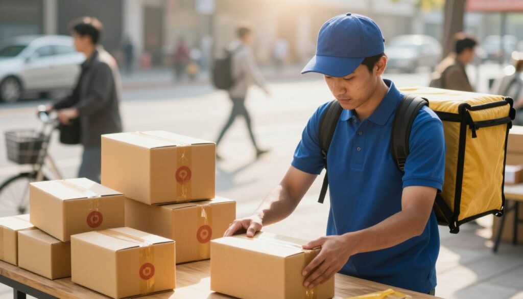 A delivery courier in professional attire is sorting packages in a bustling urban environment. In the foreground, the courier, a mixed-race individual with a focused expression, is closely examining a box on a wooden table. The middle layer features various delivery boxes and packages stacked neatly, showcasing different shipping labels. The background shows a busy street with blurred movement of people and vehicles, highlighting the dynamic nature of the courier's job. Soft morning sunlight streams into the scene, creating a warm and inviting atmosphere. The angle is slightly overhead, offering a clear view of the courier's tasks while maintaining a sense of action and urgency in the environment.