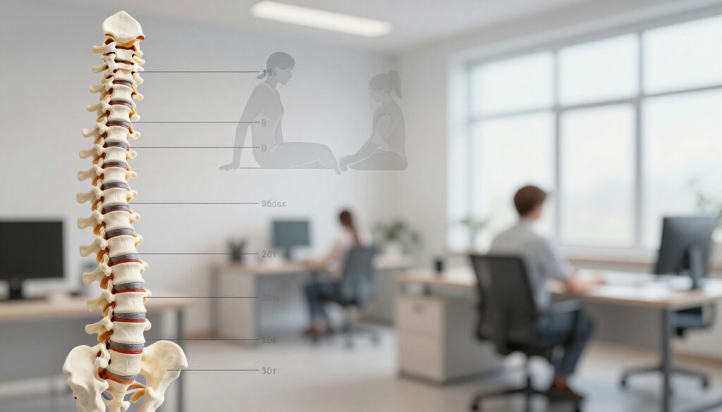 A detailed anatomical illustration of a human spine, showcasing various segments and highlighting potential areas of strain or injury. In the foreground, a diagram of the spine with labeled vertebrae, intervertebral discs, and surrounding muscles. The middle layer includes subtle illustrations representing poor ergonomic practices, such as awkward sitting positions and lifting techniques, depicted in a semi-transparent style to emphasize their risks. The background features a soft-focus office environment, with desks, chairs, and a window letting in gentle natural light, creating a calm and educational atmosphere. The overall mood is informative and cautionary, designed to highlight the importance of proper ergonomics. The image should be clear, professional, and devoid of any text or distractions.