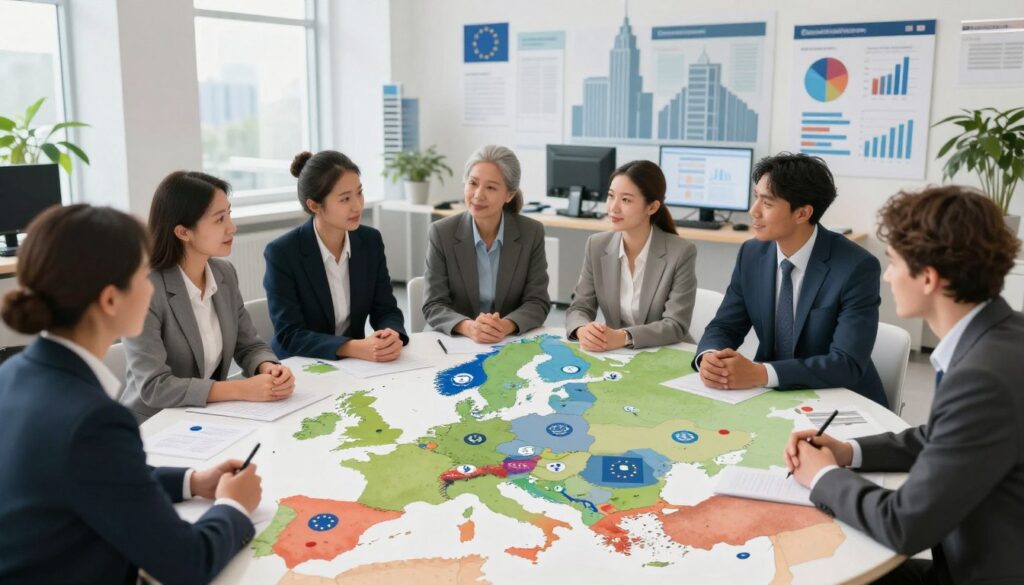 A detailed and dynamic illustration representing the coordination of social security systems in the EU. In the foreground, depict a diverse group of professionals in business attire, engaged in a discussion around a large map of Europe, highlighting various countries and their social security symbols. In the middle ground, include office elements like computers, documents, and charts displaying statistics on social security coordination. The background should feature a modern European cityscape, emphasizing connectivity and collaboration. Use soft, natural lighting to create a professional atmosphere, with a slight focus on the group to accentuate their interaction. Capture the mood of optimism and teamwork, symbolizing integration and support within the European Union. A detailed and dynamic illustration representing the coordination of social security systems in the EU. In the foreground, depict a diverse group of professionals in business attire, engaged in a discussion around a large map of Europe, highlighting various countries and their social security symbols. In the middle ground, include office elements like computers, documents, and charts displaying statistics on social security coordination. The background should feature a modern European cityscape, emphasizing connectivity and collaboration. Use soft, natural lighting to create a professional atmosphere, with a slight focus on the group to accentuate their interaction. Capture the mood of optimism and teamwork, symbolizing integration and support within the European Union.
