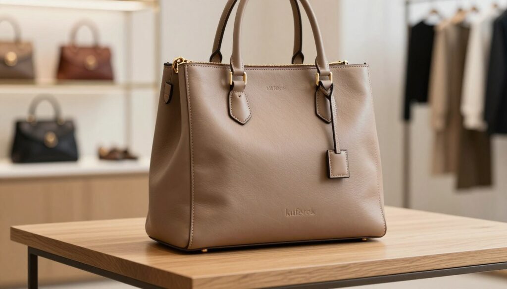 A detailed and stylish "kuferek" handbag, elegantly placed on a minimalist wooden table. In the foreground, the kuferek showcases high-quality leather with intricate stitching, a smooth finish, and subtle logos embossed on the side. The middle area features soft, diffused natural light highlighting the craftsmanship and depth of the bag's material. In the background, a blurred artistically arranged display of fashion accessories complements the kuferek, creating a sophisticated atmosphere. The scene is captured using a near-angle lens to emphasize the texture and details of the handbag, creating a warm and inviting yet professional mood perfect for an article on brand recognition. A detailed and stylish "kuferek" handbag, elegantly placed on a minimalist wooden table. In the foreground, the kuferek showcases high-quality leather with intricate stitching, a smooth finish, and subtle logos embossed on the side. The middle area features soft, diffused natural light highlighting the craftsmanship and depth of the bag's material. In the background, a blurred artistically arranged display of fashion accessories complements the kuferek, creating a sophisticated atmosphere. The scene is captured using a near-angle lens to emphasize the texture and details of the handbag, creating a warm and inviting yet professional mood perfect for an article on brand recognition.
