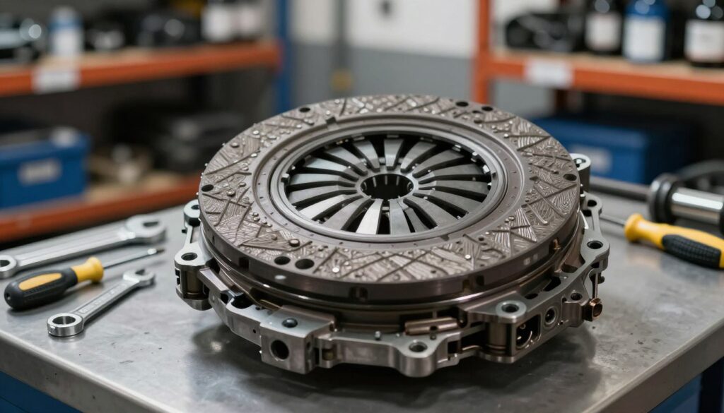 A detailed close-up image of a car clutch assembly displayed on a workbench. The foreground features the intricate mechanics of the clutch, highlighting its springs, plates, and friction surfaces with well-defined textures. In the middle ground, tools such as wrenches and screwdrivers are casually arranged to emphasize a hands-on approach to automotive repair. The background shows a softly blurred garage setting with shelves stocked with car parts, providing context without drawing focus from the clutch. The lighting is bright and even, casting soft shadows to enhance the details of the clutch components. The overall mood is professional and technical, aiming to reflect the reliability and challenges associated with Ashika clutches, appealing to automotive enthusiasts and mechanics alike. A detailed close-up image of a car clutch assembly displayed on a workbench. The foreground features the intricate mechanics of the clutch, highlighting its springs, plates, and friction surfaces with well-defined textures. In the middle ground, tools such as wrenches and screwdrivers are casually arranged to emphasize a hands-on approach to automotive repair. The background shows a softly blurred garage setting with shelves stocked with car parts, providing context without drawing focus from the clutch. The lighting is bright and even, casting soft shadows to enhance the details of the clutch components. The overall mood is professional and technical, aiming to reflect the reliability and challenges associated with Ashika clutches, appealing to automotive enthusiasts and mechanics alike.